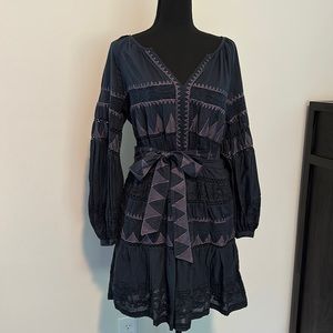 Anthropologie mini dress: v-neck, pullover, embroidered, tie at waist, size M